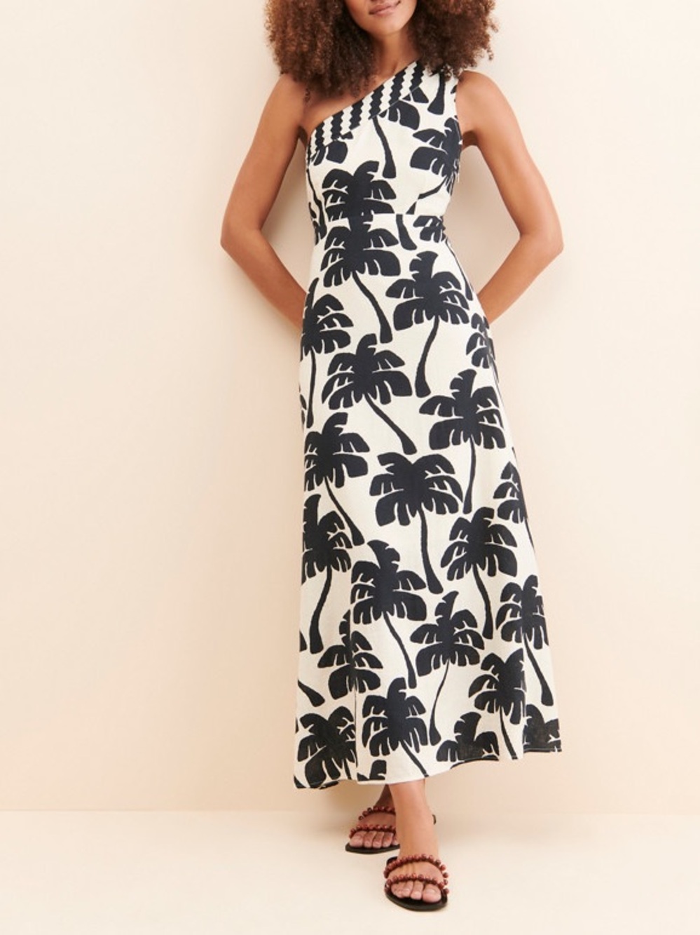 FARM Rio One-Shoulder Linen Palm Tree Maxi Dress Black White M